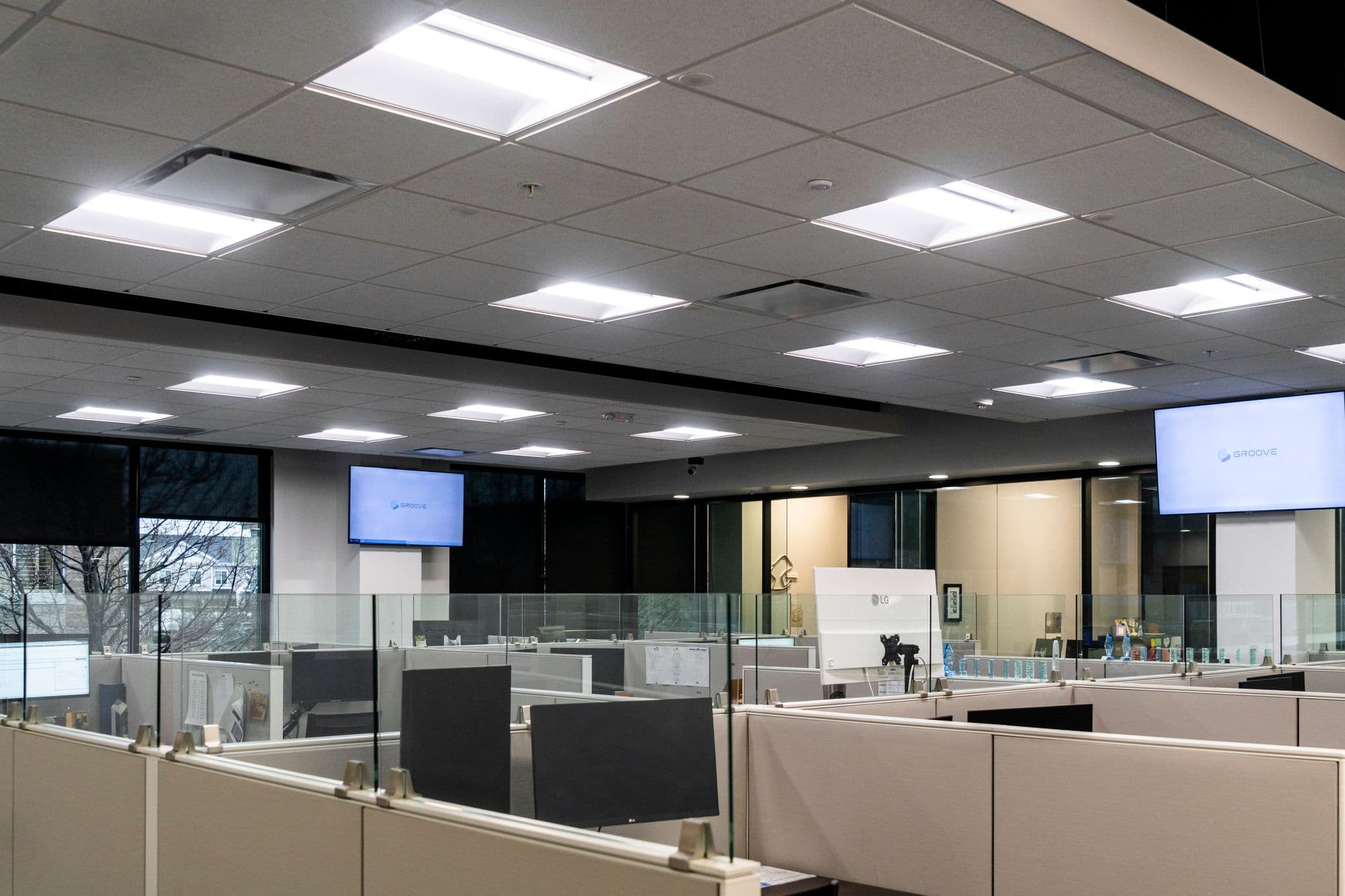 Employee information screens in office lobby