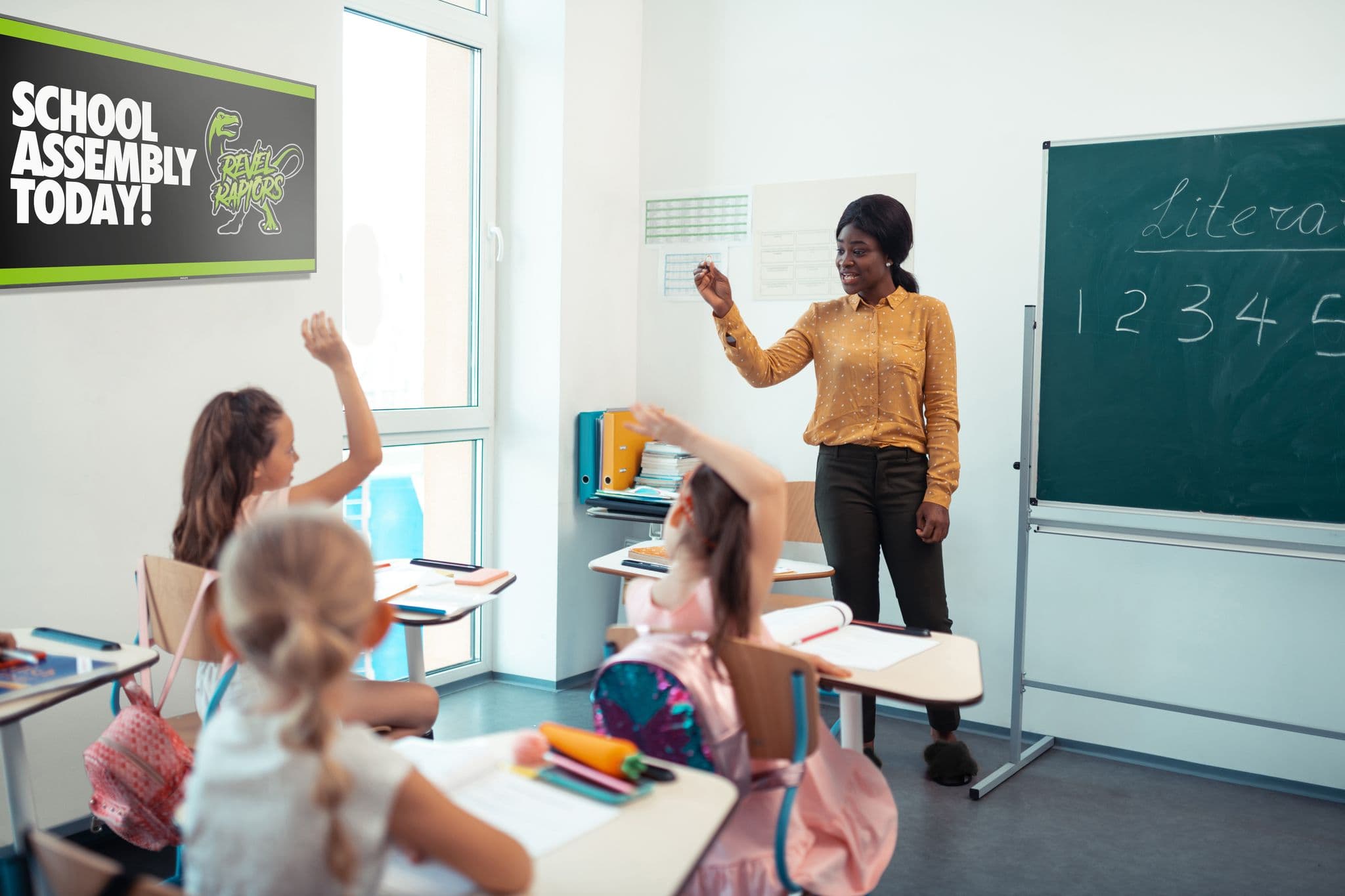School assembly messaging on wall display