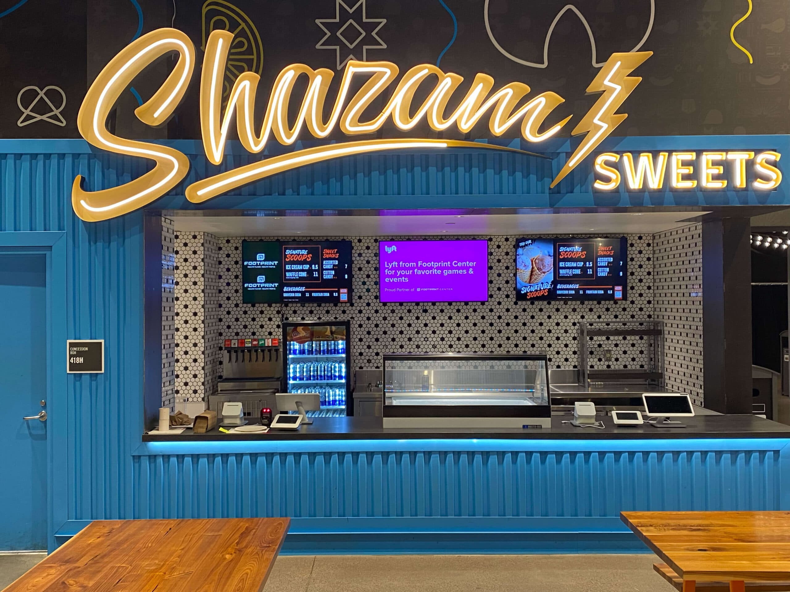 Stadium scoreboard showing live game content